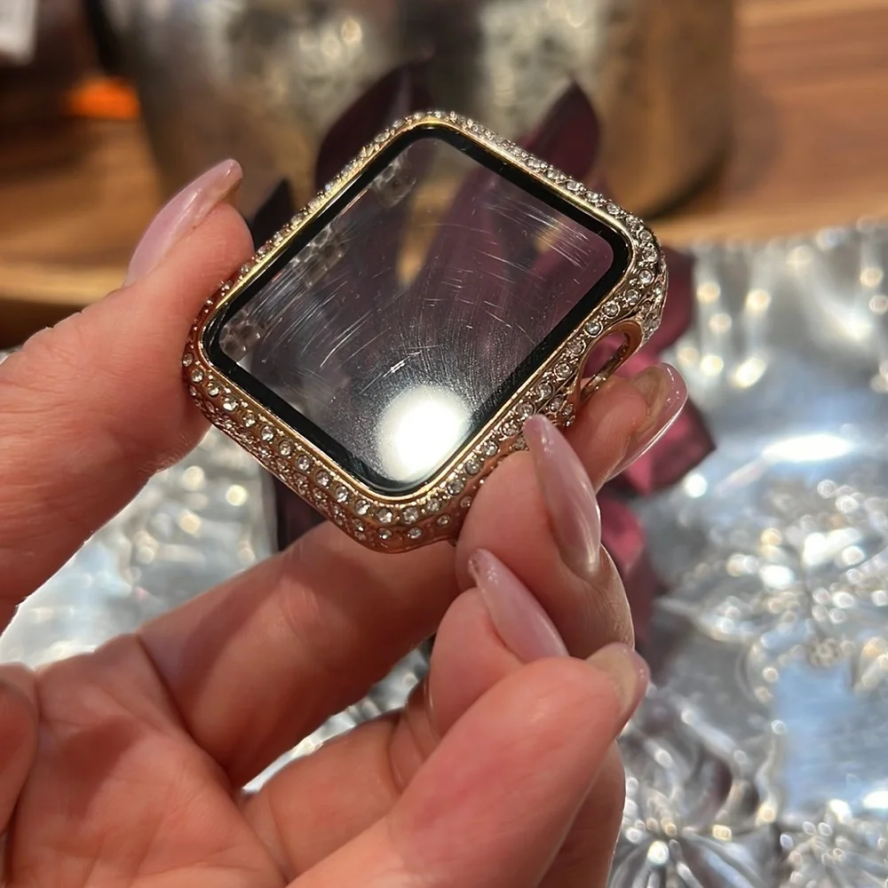 Rose Gold Rhinestone Apple Watch Bumper with tempered glass.